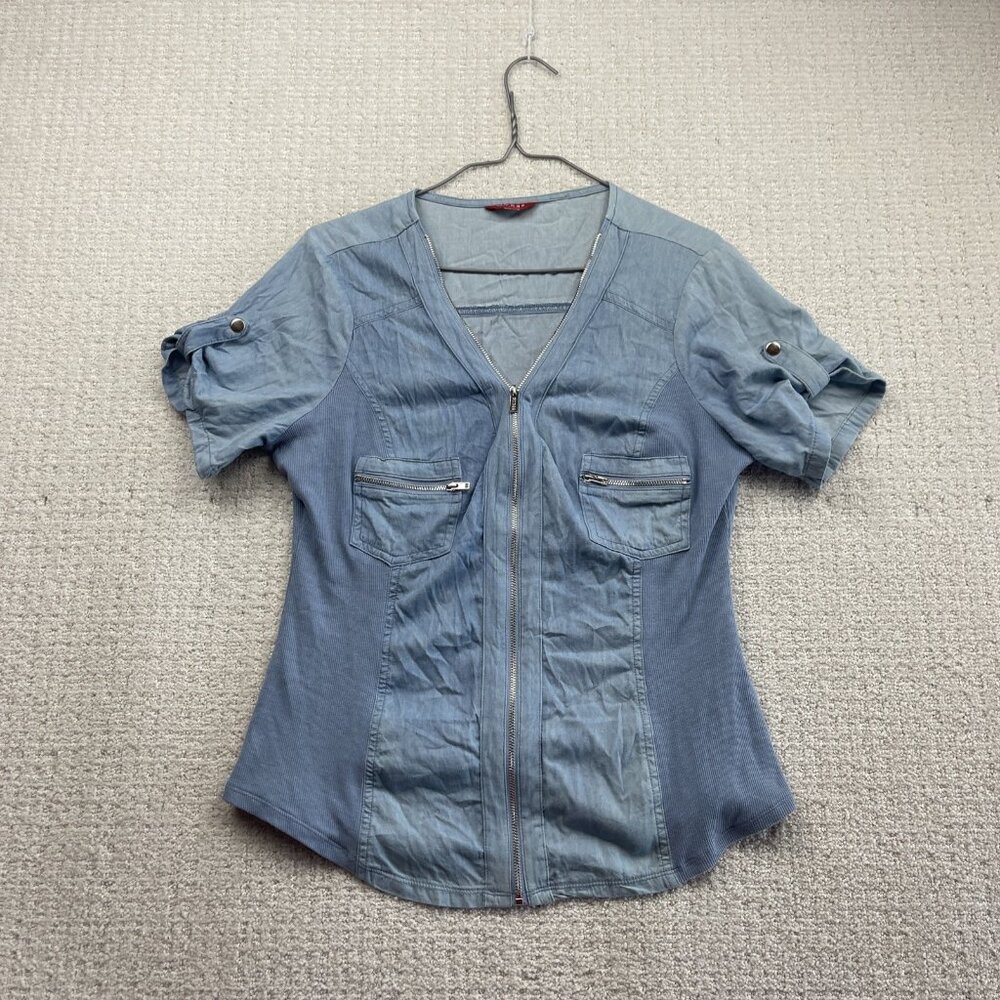 Guess Full Zip Utility Tech Pockets Shirt Military Faded Blue Women Sz XL*